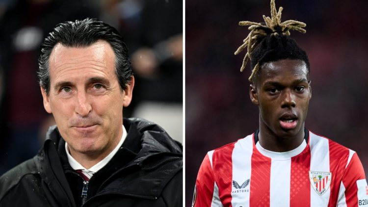 Unai Emery looks on during an Aston Villa match. Inset, Nico Williams at Athletic Club.