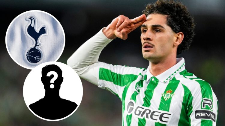 Real Betis midfielder Johnny Cardoso. Inset of Tottenham badge and mystery player.