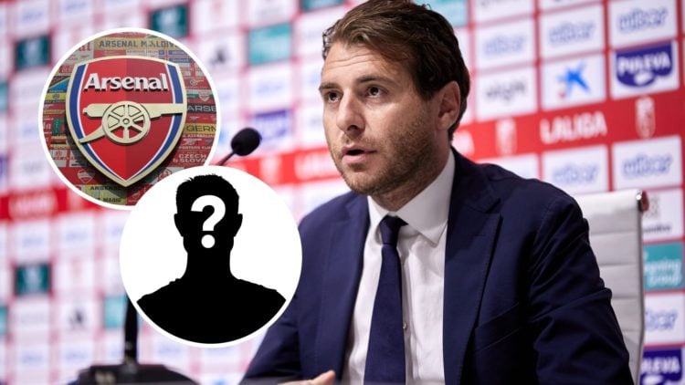 Matteo Tognozzi with insets of Arsenal badge and mystery silhouette