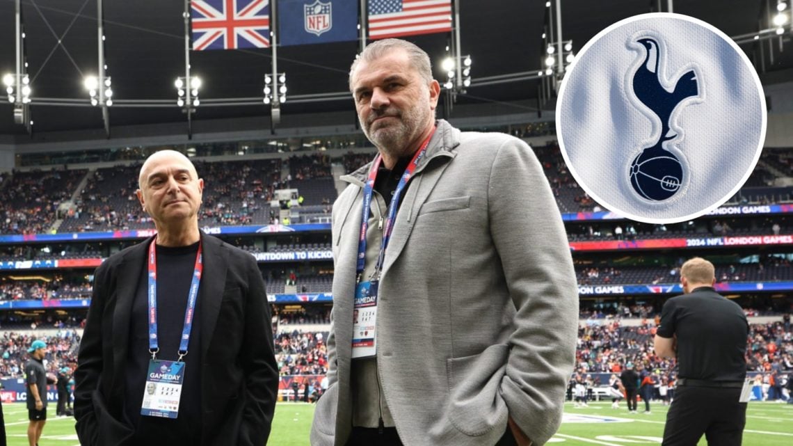 Daniel Levy and Ange Postecoglou at the Tottenham Hotspur Stadium. Inset of Tottenham badge.