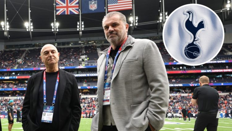 Daniel Levy and Ange Postecoglou at the Tottenham Hotspur Stadium. Inset of Tottenham badge.