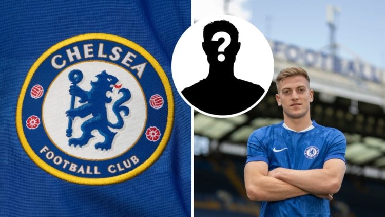 Split image of the Chelsea badge and Liam Delap with mystery figure inset