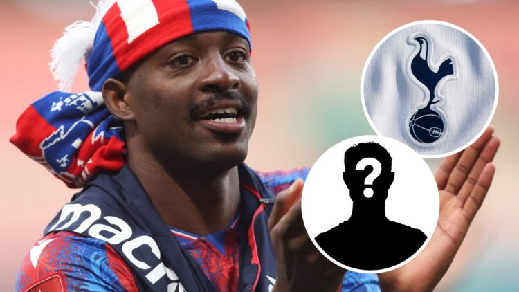 Crystal Palace striker Jean-Philippe Mateta. Inset of Tottenham badge and mystery player.
