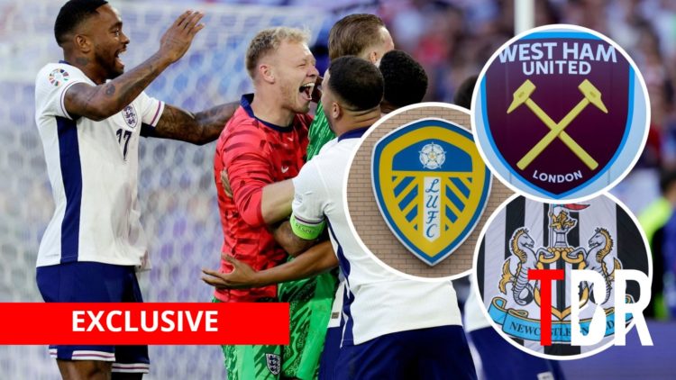 England trio Ivan Toney, Aaron Ramsdale and Kyle Walker with insets of Leeds, Newcastle and West Ham badges