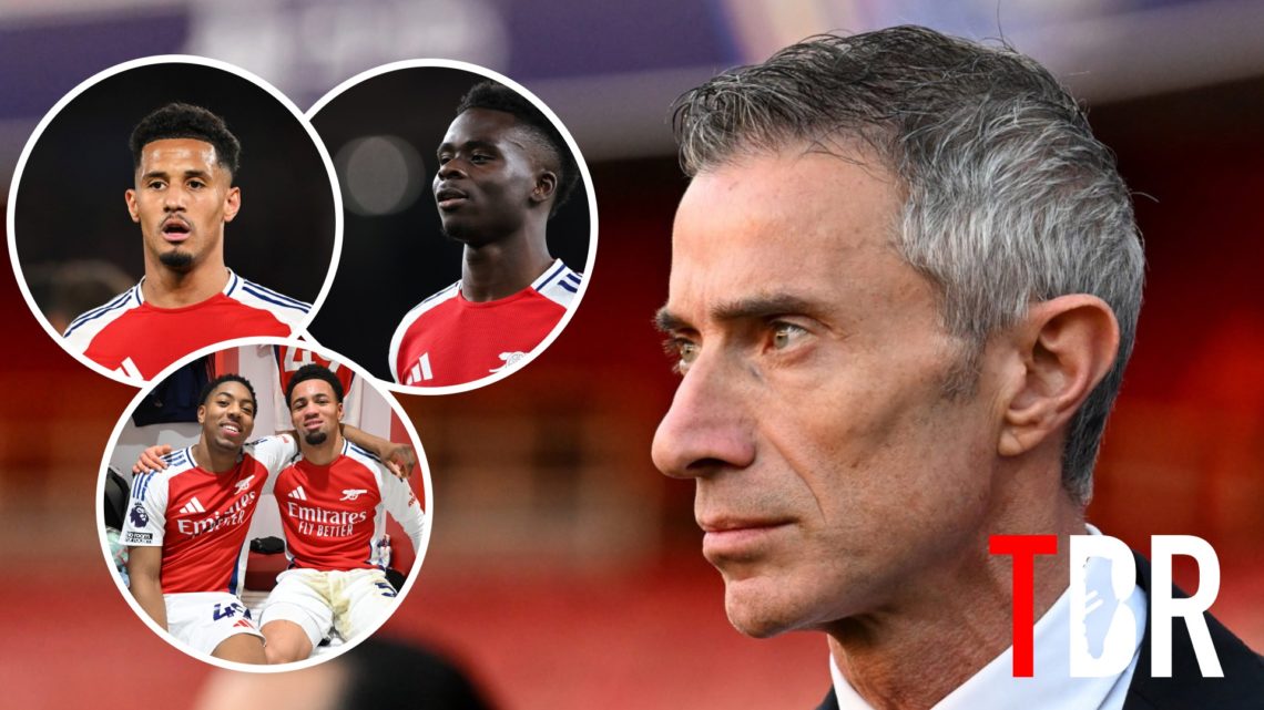 Image of Andrea Berta before an Arsenal game with insets of Bukayo Saka, Ethan Nwaneri, William Saliba and Myles Lewis-Skelly all in Arsenal kits