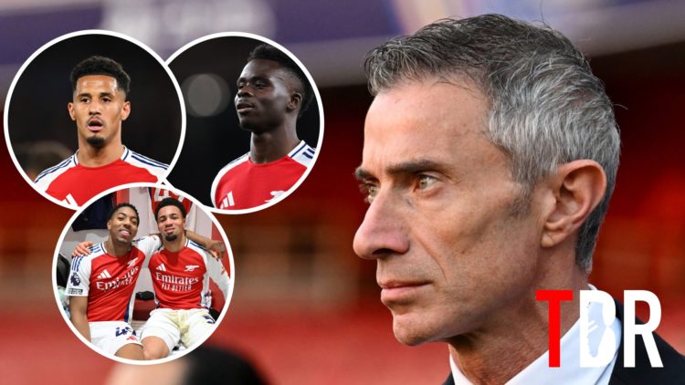 Image of Andrea Berta before an Arsenal game with insets of Bukayo Saka, Ethan Nwaneri, William Saliba and Myles Lewis-Skelly all in Arsenal kits