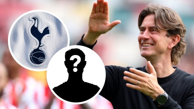 Brentford manager Thomas Frank. Inset of Tottenham Hotspur badge and mystery player.