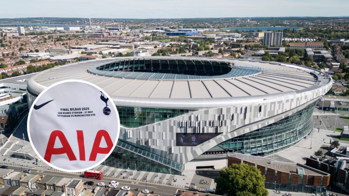 Tottenham Hotspur Stadium with inset of Spurs shirt
