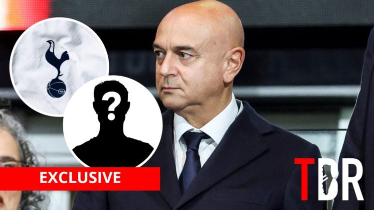 Tottenham Hotspur chairman Daniel Levy with insets of Spurs badge and mystery silhouette