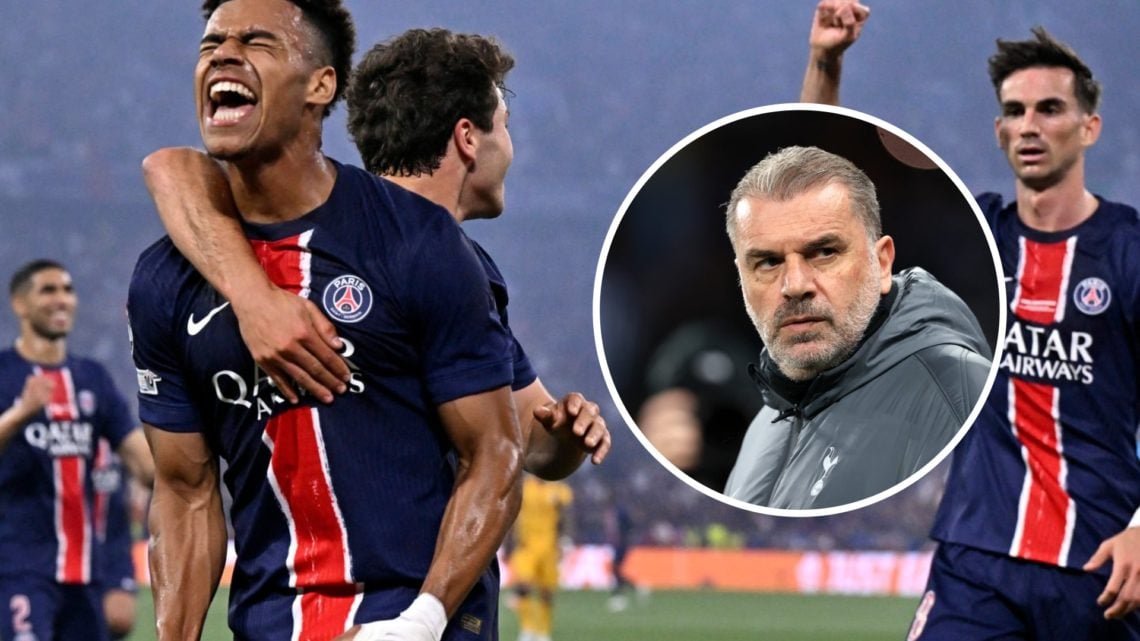 Desire Doue celebrates scoring for Paris Saint-Germain in the Champions League final. Inset, Ange Postecoglou at Tottenham.