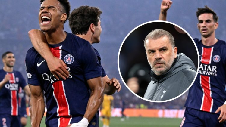 Desire Doue celebrates scoring for Paris Saint-Germain in the Champions League final. Inset, Ange Postecoglou at Tottenham.