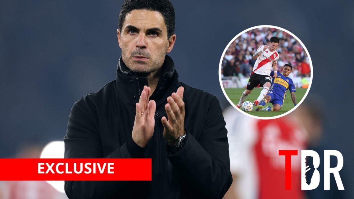 Arsenal manager Mikel Arteta with inset of River Plate midfielder Franco Mastantuono