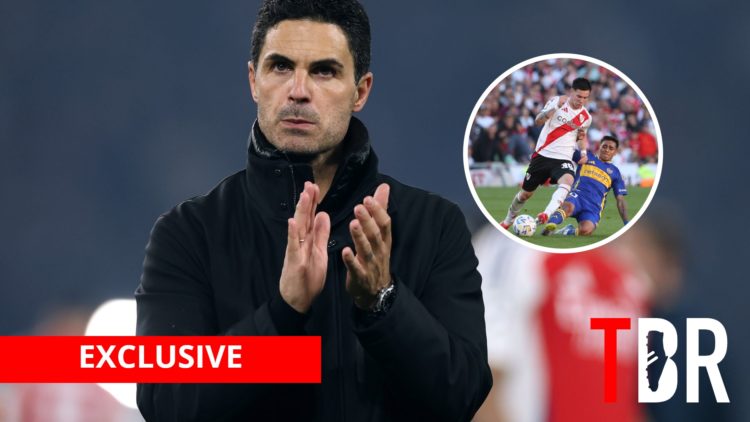 Arsenal manager Mikel Arteta with inset of River Plate midfielder Franco Mastantuono