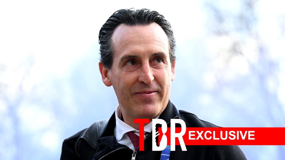 Unai Emery smiling while arriving to an Aston Villa game, overlaid a TBR Exclusive banner