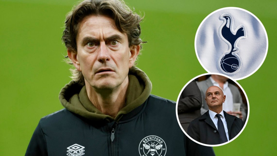 Brentford manager Thomas Frank. Inset of Tottenham Hotspur badge and Daniel Levy.