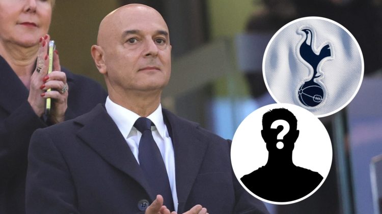Tottenham Hotspur chairman Daniel Levy. Inset of Tottenham badge and mystery player.