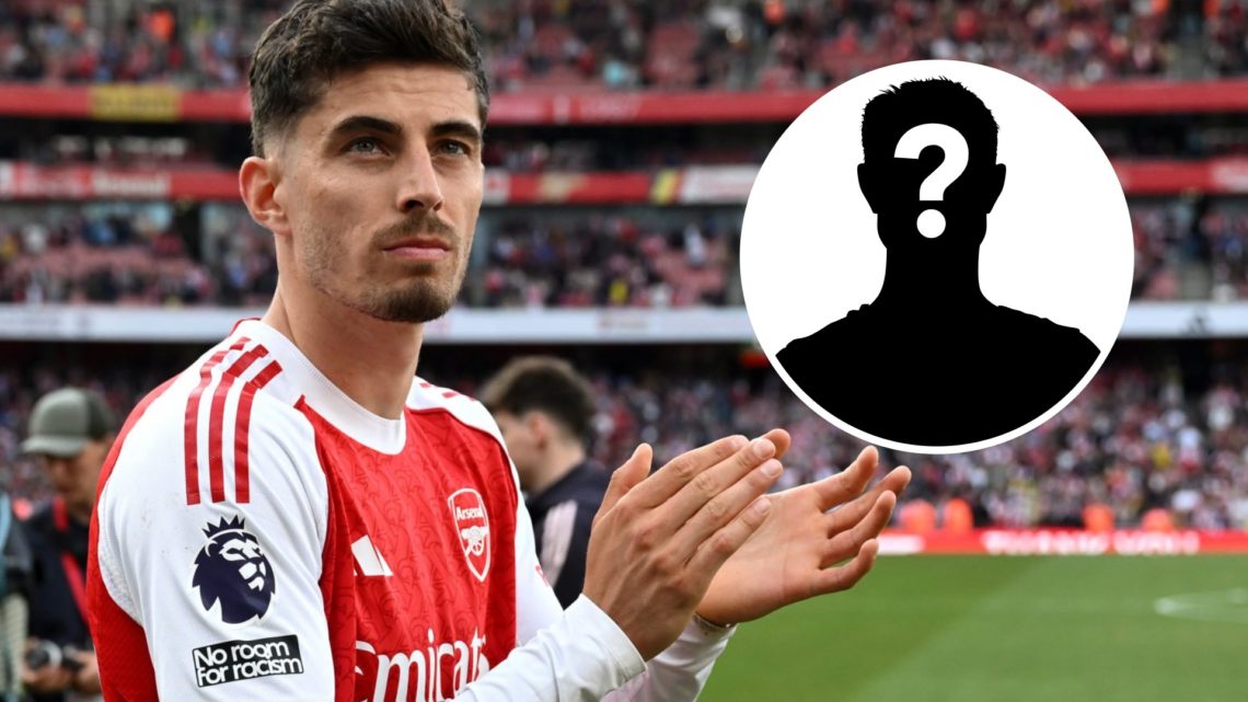 Kai Havertz applauds Arsenal fans after a Premier League match. Inset, question mark.