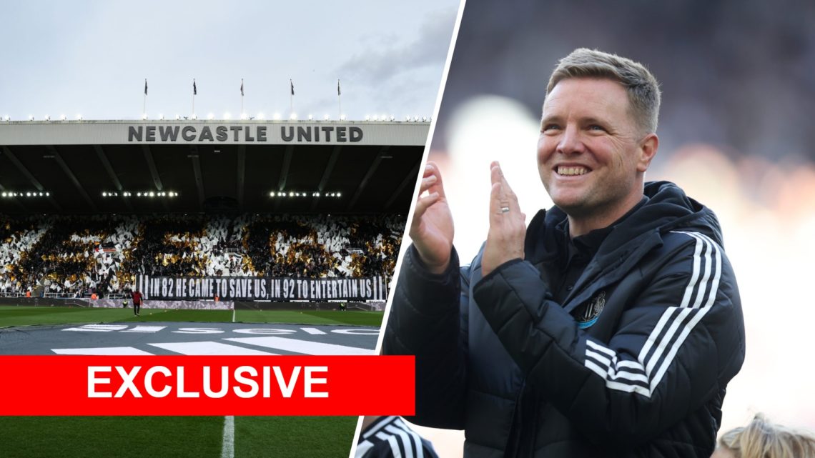 Split image of St. James Park and Newcastle manager Eddie Howe applauding the fans