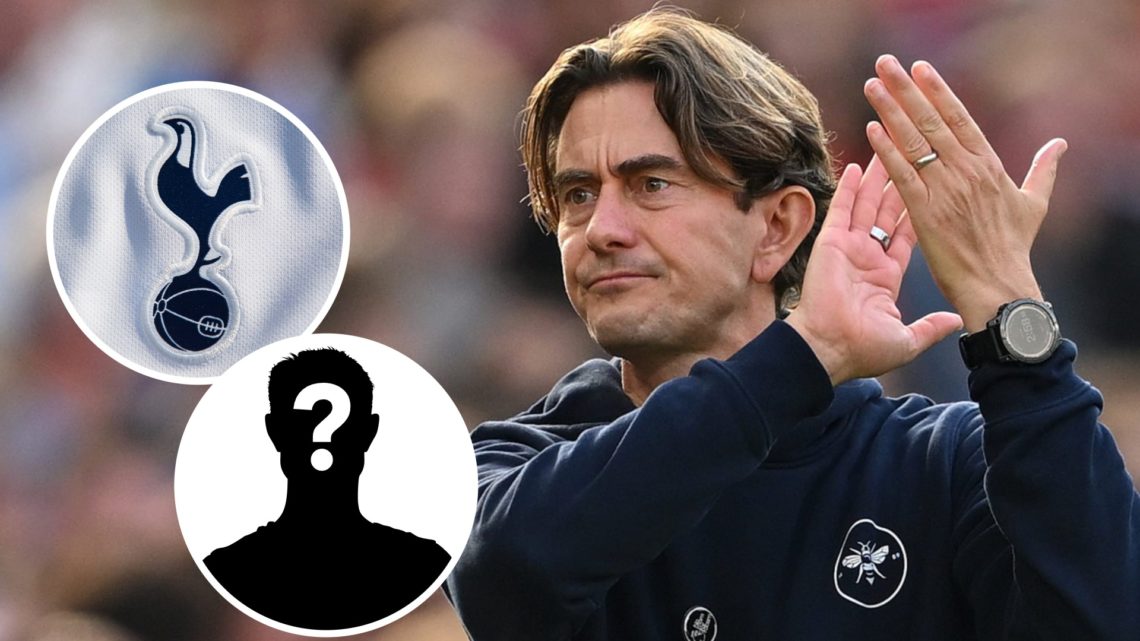 Brentford manager Thomas Frank. Inset of Tottenham Hotspur badge and mystery player.