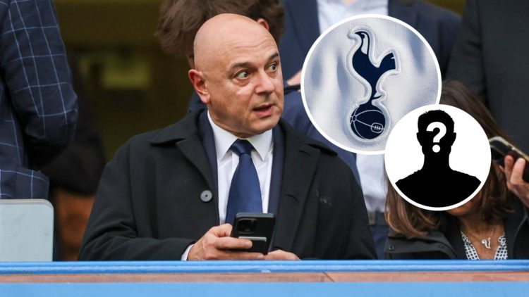 Image of Daniel Levy before Chelsea vs Tottenham, Tottenham badge and mystery figure inset