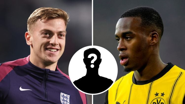 Liam Delap whilst playing for England U21s. Split with Jamie Gittens looking on at Borussia Dortmund. Inset, question mark.