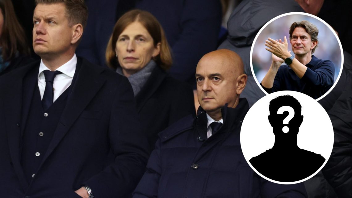 Tottenham Hotspur sporting director Johan Lange and chairman Daniel Levy. Inset of Thomas Frank and mystery player.