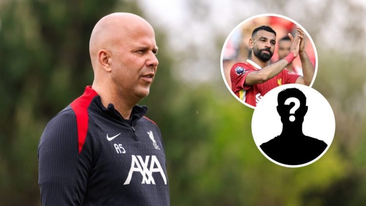 Image of Arne Slot with overlay of Mohamed Salah and overlay of mystery person
