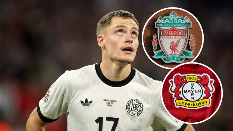 Image of Florian Wirtz playing for Germany, Liverpool badge and Bayer Leverkusen badge inset