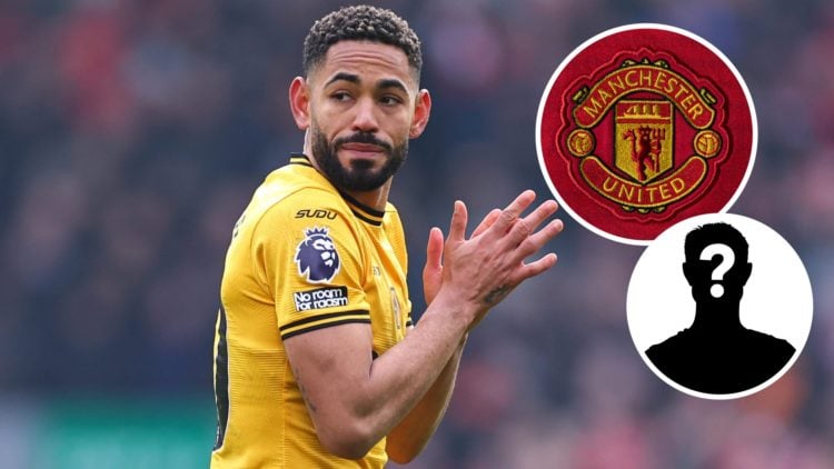 Matheus Cunha playing for Wolves at Anfield, Manchester United badge and mystery figure inset