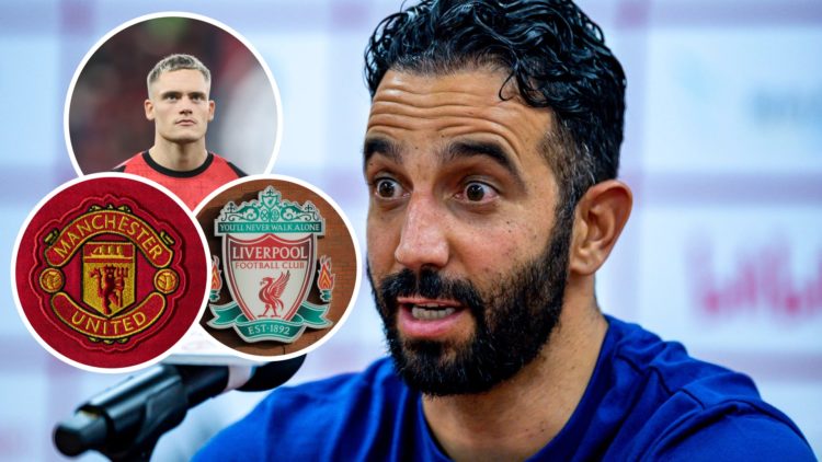 Image of Ruben Amorim looking surprised, Manchester United badge, Liverpool badge and Florian Wirtz inset