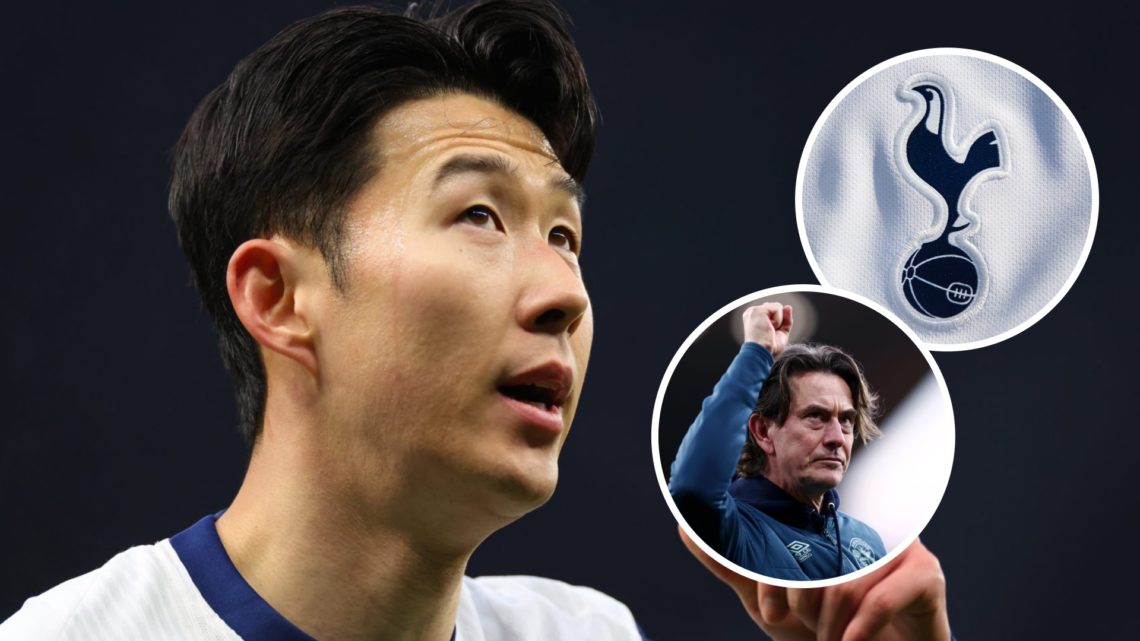 Tottenham Hotspur captain Son Heung-min. Inset of Tottenham badge and Brentford manager Thomas Frank.