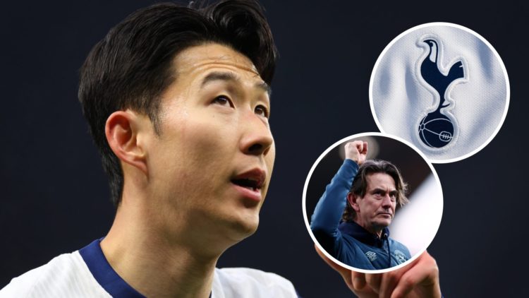Tottenham Hotspur captain Son Heung-min. Inset of Tottenham badge and Brentford manager Thomas Frank.