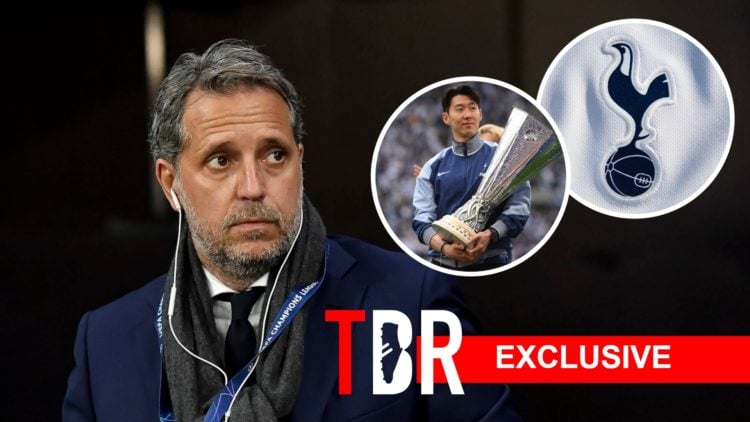 Former Tottenham sporting director Fabio Paratici. Inset Son Heung-min and Tottenham badge.