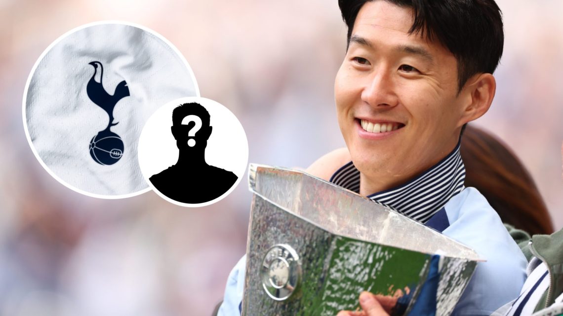 Image of Heung-min Son holding the Europa League trophy, Tottenham badge and mystery figure inset