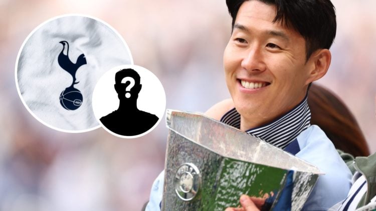 Image of Heung-min Son holding the Europa League trophy, Tottenham badge and mystery figure inset