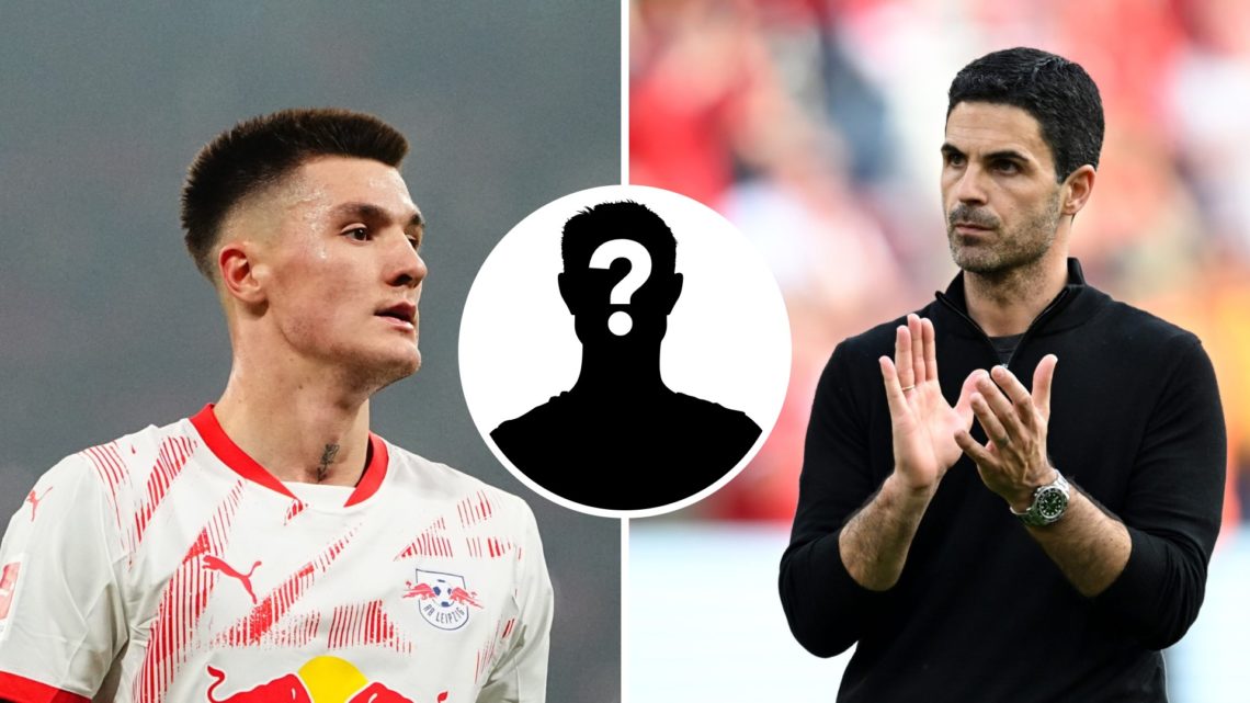 Split image of Benjamin Sesko and Mikel Arteta with mystery figure inset