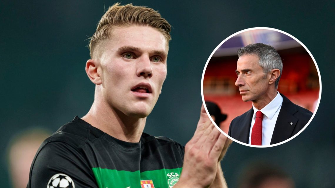 Viktor Gyokeres applauds Sporting CP's fans. Inset, Arsenal sporting director Andrea Berta.