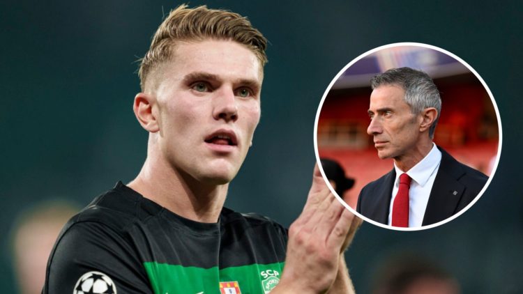 Viktor Gyokeres applauds Sporting CP's fans. Inset, Arsenal sporting director Andrea Berta.