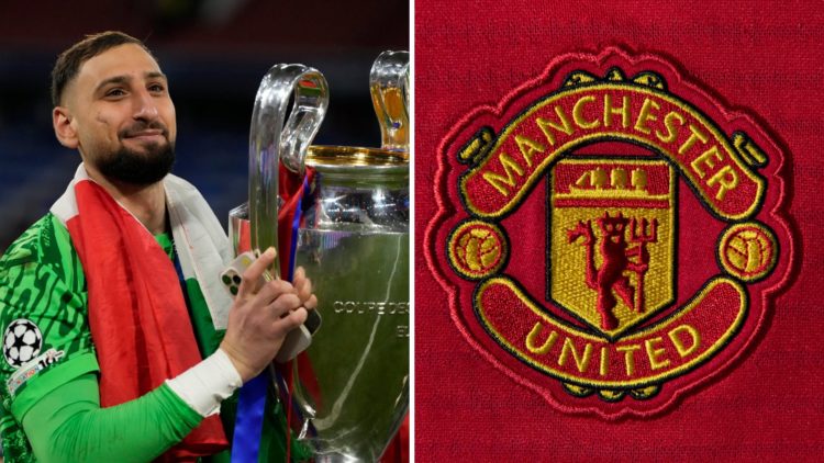 Split image of Gianluigi Donnarumma holding the UEFA Champions League trophy next to Manchester United badge