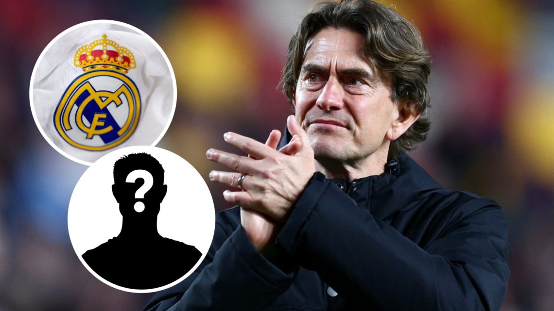 Brentford manager Thomas Frank. Inset of Real Madrid badge and mystery Tottenham player.