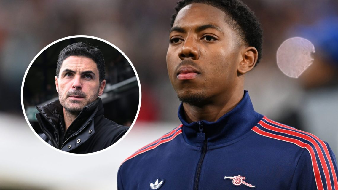 Myles Lewis-Skelly looks on during an Arsenal match. Inset, Mikel Arteta.