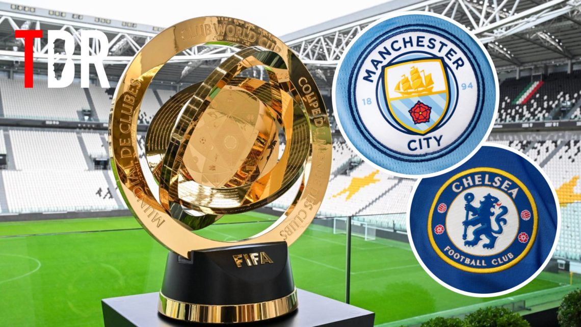 Image of the FIFA Club World Cup trophy with Chelsea and Manchester City badges inset