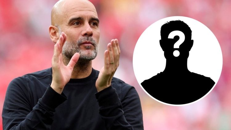 Pep Guardiola looks on after Manchester City's win in the FA Cup. Inset, question mark.