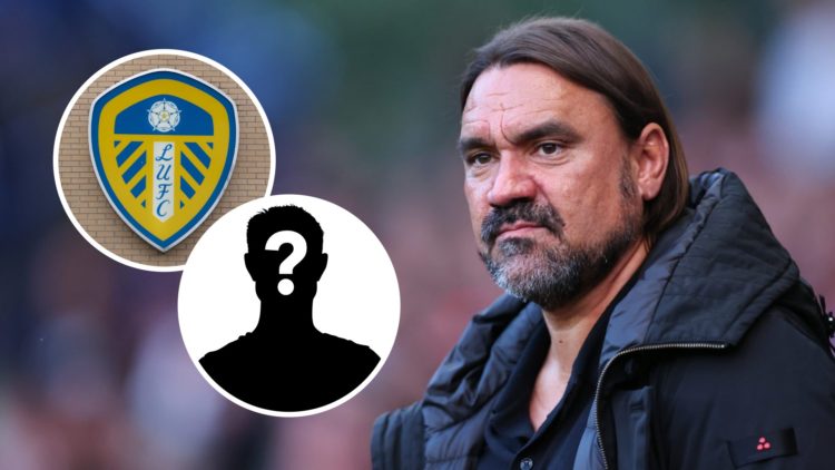Daniel Farke looks on during a Leeds match. Inset, the club's badge and a question mark.