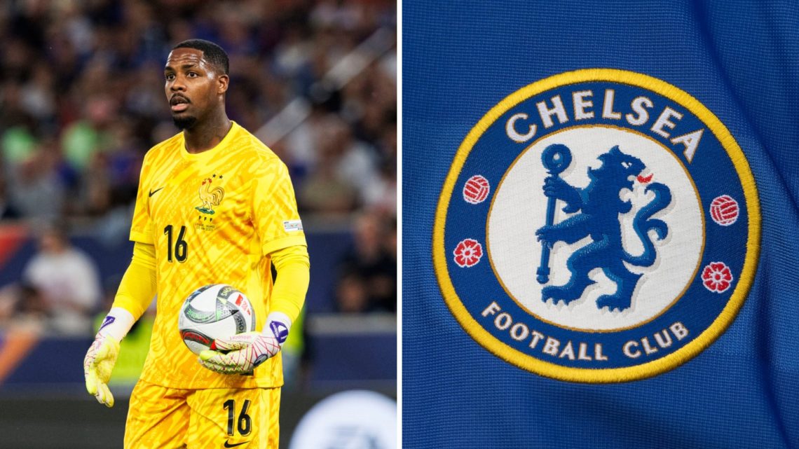 Split image of Mike Maignan in action for France and Chelsea badge closeup