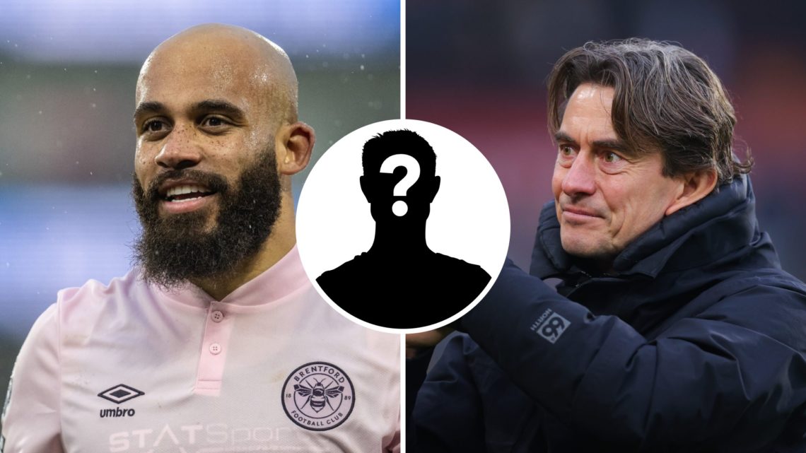 Brentford manager Thomas Frank (L) and Brentford forward Bryan Mbeumo (R). Inset of mystery player.