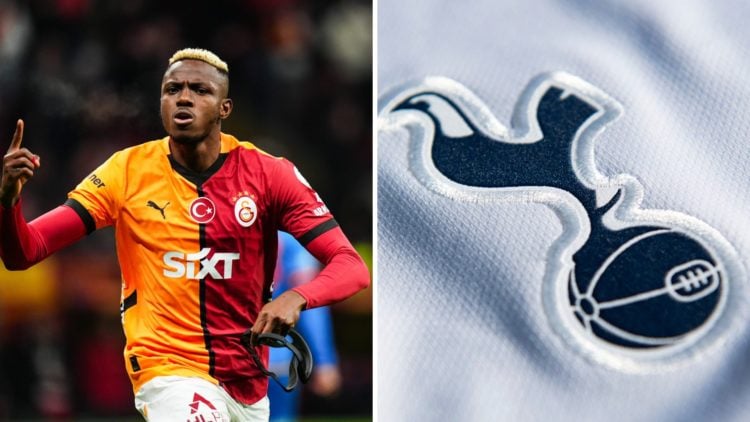 Split image of Victor Osimhen in action for Galatasaray and Tottenham badge