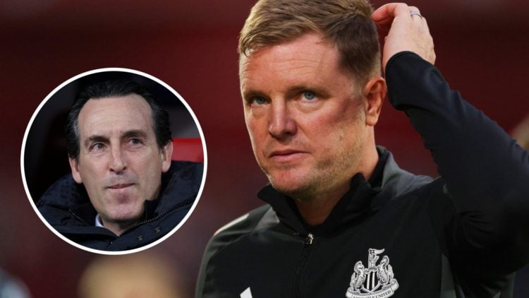 Eddie Howe looks on during a Newcastle match. Inset, Aston Villa manager Unai Emery.