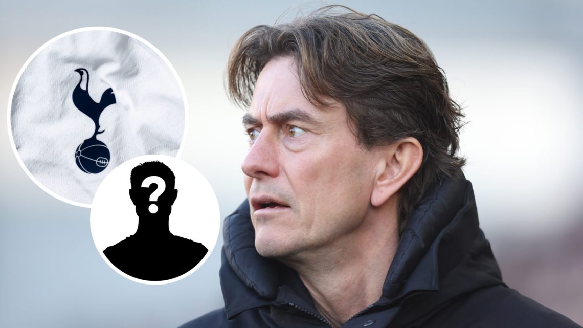 Image of Thomas Frank during the Premier League clash between Brentford and Tottenham, Tottenham badge and mystery figure inset