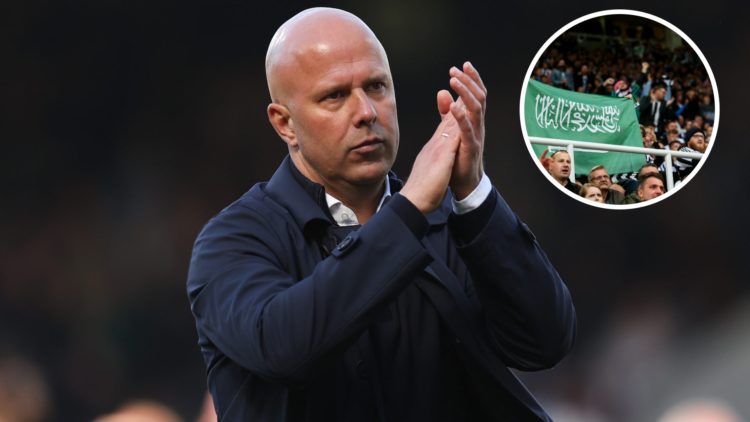 Image of Arne Slot applauding fans with overlay of Saudi flag at Newcastle game